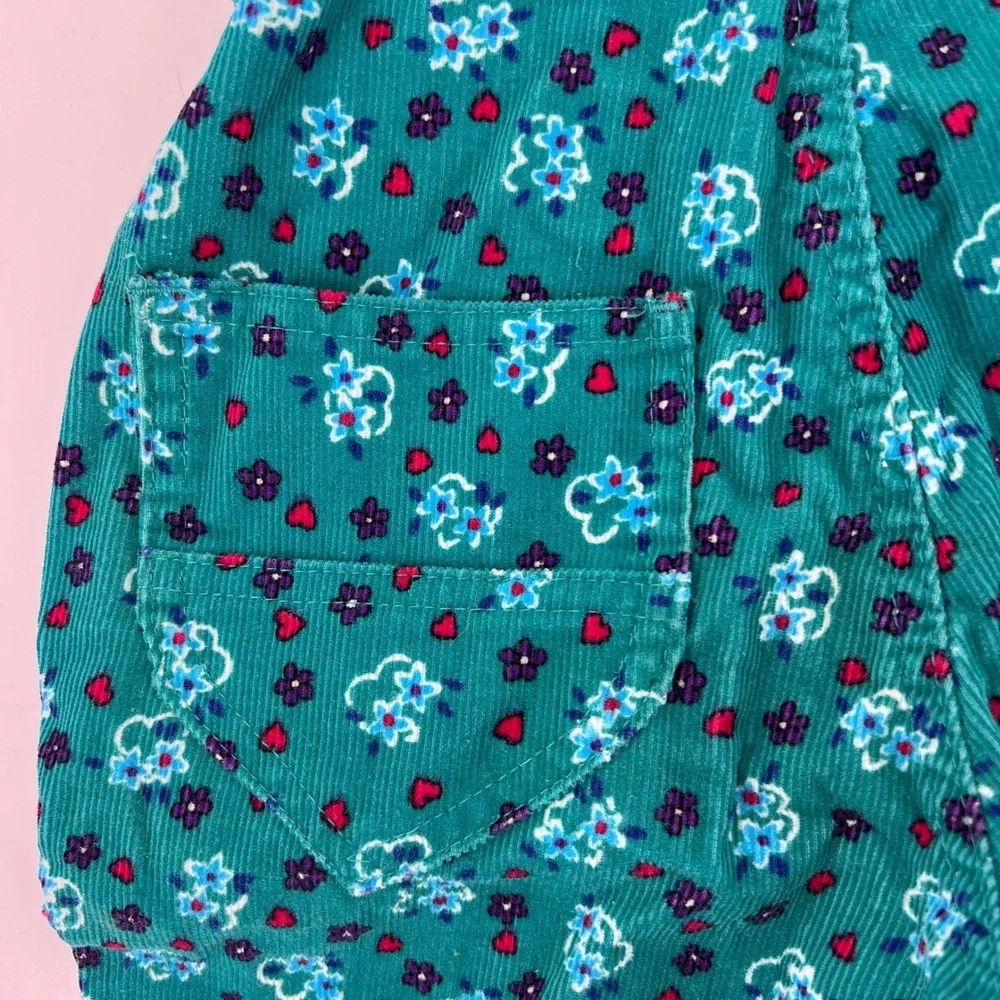 Vintage 90s Carters Toddler Girls Teal‎ Floral Corduroy Overalls Heart Print 24M